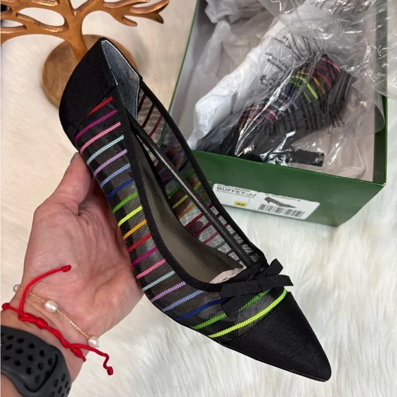 NWT Anthropologie Black Heels with Multicolor Stripes - Picture 3 of 10